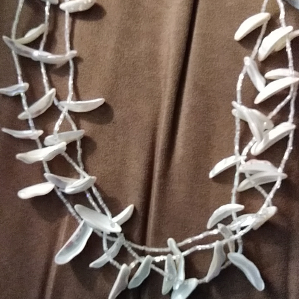 SALE Vintage Mother of Pearl necklace triple layer MOP and white seed beads